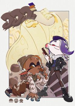 Rule 34 | 2girls, artist request, bare shoulders, beanie, big man (splatoon), big man (white chocolate) (splatoon), black boots, black jacket, black sandals, blue hair, blue shirt, boots, brown eyes, brown hair, brown pants, chocolate, closed mouth, colored fingertips, commentary, cross-shaped pupils, dark-skinned female, dark skin, detached sleeves, ear piercing, english commentary, food, frye (milk chocolate) (splatoon), frye (splatoon), hair over one eye, hand on ground, hat, highres, holding, holding chocolate, holding food, inkling, jacket, jewelry, kneeling, leather, leather jacket, legs apart, long sleeves, manta ray, medium hair, multiple girls, necklace, nintendo, octoling, official alternate costume, official alternate hair color, one eye closed, open clothes, open jacket, open mouth, pants, piercing, pointy ears, red eyes, sandals, second-party source, shirt, shiver (dark chocolate) (splatoon), shiver (splatoon), short hair, smile, splatoon (series), splatoon 3, standing, symbol-shaped pupils, tentacle hair, white chocolate