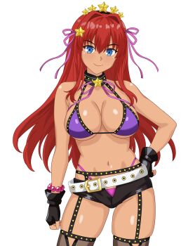 Rule 34 | 1girl, absurdres, aozaki aoko, bare shoulders, bb (fate), bb (swimsuit mooncancer) (second ascension) (fate), bb (swimsuit mooncancer) (second ascension) (fate) (cosplay), bead bracelet, beads, belt, bikini, black gloves, black shorts, black thighhighs, blue eyes, bracelet, breasts, cleavage, cosplay, dark-skinned female, dark skin, fate/grand order, fate (series), fingerless gloves, garter belt, gloves, hair intakes, hair ornament, hair ribbon, hairband, highres, jewelry, justcuyo, large breasts, long hair, looking at viewer, mahou tsukai no yoru, micro shorts, navel, neck ribbon, purple bikini, red hair, ribbon, shorts, sidelocks, solo, star (symbol), star hair ornament, super aoko, swimsuit, tan, thighhighs, thighs, white belt