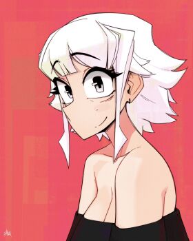 1girl bare_shoulders breasts cleavage closed_mouth commentary double-parted_bangs earrings from_side grey_eyes highres jewelry large_breasts looking_at_viewer off_shoulder original raised_eyebrows red_background shibansfw short_hair sidelocks smile solo upper_body white_hair wide-eyed