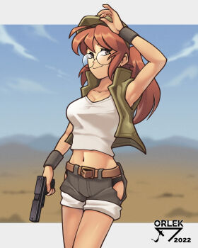 1girl absurdres adjusting_clothes adjusting_headwear artist_name belt blurry blurry_background border breasts brown_belt brown_eyes brown_hair brown_hat brown_shorts brown_vest closed_mouth clothing_cutout collarbone commentary cowboy_shot field_cap fio_germi glasses gun handgun hat highres hip_vent holding holding_gun holding_weapon large_breasts letterboxed long_hair looking_at_viewer metal_slug midriff navel open_clothes open_vest orlek outside_border round_eyewear short_shorts shorts smile solo vest weapon white_border wristband