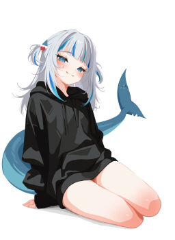 1girl black_hoodie blue_eyes blue_hair closed_mouth fins fish_tail gawr_gura grey_hair hair_ornament highres hololive hololive_english hood hoodie looking_at_viewer multicolored_hair sansha_art shark_girl shark_hair_ornament shark_tail simple_background sitting smile solo streaked_hair tail thighs two_side_up virtual_youtuber white_background yokozuwari