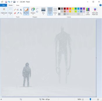 2others art_program_in_frame backpack bag blizzard blurry christian_young commentary creature depth_of_field from_behind full_body hood hood_up jacket looking_at_another microsoft_paint_(medium) microsoft_paint_(software) mini_person multiple_others original painterly screencap snow snowing standing