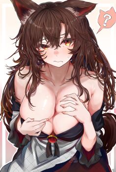 1girl ? alternate_breast_size_(larger) animal_ears bare_shoulders breasts breasts_squeezed_together brooch brown_hair closed_mouth commentary_request confused dress fingernails hair_between_eyes houdukixx huge_breasts imaizumi_kagerou jewelry long_hair looking_at_viewer multicolored_eyes off-shoulder_dress off_shoulder paizuri_invitation parted_bangs raised_eyebrow red_eyes shiny_skin single_ear_down skindentation solo spoken_question_mark spread_cleavage straight-on tail touhou two-tone_eyes upper_body variant_set wolf_ears wolf_girl wolf_tail yellow_eyes