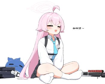 Rule 34 | 1girl, ahoge, beretta 1301, blue archive, closed eyes, collared shirt, gun, halo, highres, hoshino (blue archive), long hair, necktie, pink hair, shirt, shotgun, simple background, skirt, socks, solo, tagyeokgam, weapon, white background, white shirt, white socks