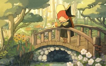 1girl against_railing blush_stickers bridge cat closed_eyes commentary_request crossed_arms daisy_(flower) evening flower forest full_body hat highres lily_pad long_hair nature open_mouth original outdoors path railing red_hair reeds road scenery solo standing stone_bridge stream tofumaabo tree white_flower witch witch_hat yellow_flower