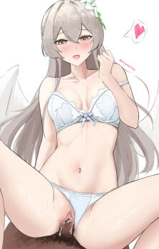 1boy 1girl absurdres artist_name assertive_female blue_archive clothing_aside cowgirl_position feathered_wings flower hair_flower hair_ornament heart highres long_hair looking_at_viewer mainichi_ai_wo_aishite nagisa_(blue_archive) navel panties panties_aside reverse_cowgirl_position sex smile solo_focus spoken_heart straddling underwear underwear_only vaginal white_background white_wings wings