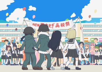 2boys 6+girls absurdres balloon banner black_eyes black_hair black_ribbon black_shoes black_skirt blonde_hair blue_hair blue_sky brown_hair character_request chinese_commentary chito_(shoujo_shuumatsu_ryokou) cloud coat commentary_request crossover day fried_egg full_body green_coat green_pants hair_ribbon helmet highres lab_coat long_hair looking_at_another multiple_boys multiple_girls mushroom_on_head mushroomsucy necktie outdoors pants pink_shirt red_necktie ribbon school_uniform serafuku shimeji_simulation shirt shoes short_hair shoujo_shuumatsu_ryokou skirt sky smile socks standing sumida_(shimeji_simulation) tsukishima_shijima tsukishima_shijima&#039;s_sister white_shirt white_socks yamashita_majime yomikawa_(shimeji_simulation) yuuri_(shoujo_shuumatsu_ryokou)