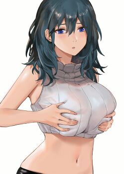 1girl alternate_costume bare_arms bare_shoulders blue_eyes blue_hair breast_hold breasts crop_top cropped_sweater female_byleth_(fire_emblem) fire_emblem fire_emblem:_three_houses hair_between_eyes hands_on_own_chest j@ck lactation lactation_through_clothes large_breasts long_hair navel nintendo simple_background sleeveless sleeveless_sweater solo stomach sweater upper_body white_background