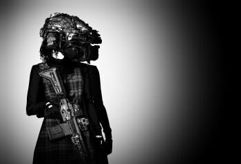 Rule 34 | 1girl, absurdres, assault rifle, combat helmet, commentary, darius billie (moonkez), dress, ear protection, english commentary, gas mask, gloves, greyscale, gun, helmet, highres, holding, holding gun, holding weapon, long sleeves, looking ahead, mask, medium hair, monochrome, night vision device, original, pinafore dress, plaid clothes, plaid dress, rifle, scope, simple background, sleeveless, sleeveless dress, solo, spotlight, sweater, trigger discipline, upper body, weapon, weapon request
