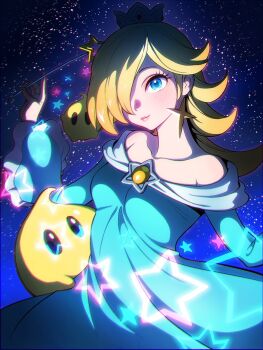Rule 34 | 1girl, aqua dress, blonde hair, blue eyes, blush, brooch, chromatic aberration, crown, dress, earrings, hair over one eye, highres, jewelry, komekome chonpa, luma (mario), mario (series), nintendo, rosalina, sky, star (sky), star (symbol), star brooch, star earrings, star wand, starry background, starry sky, super mario galaxy