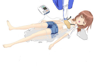 1girl absurdres asphyxiation barefoot cardiogram closed_eyes collarbone cpr defibrillator denim drowning fainting flatlining hair_bun highres hoshino_hinata loli midriff open_mouth puddle shirt star_mouse watashi_ni_tenshi_ga_maiorita! white_shirt