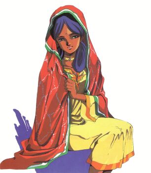 1980s_(style) 1girl bindi cloak dark_skin dress gundam hood hooded_cloak indian_clothes jewelry key_visual lalah_sune lips looking_at_viewer mikimoto_haruhiko mobile_suit_gundam necklace official_art oldschool production_art promotional_art retro_artstyle scan sitting smirk traditional_media