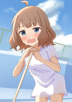 1girl antenna_hair blue_eyes blush cloud empty_pool exhausted fence highres idolmaster idolmaster_million_live! idolmaster_million_live!_theater_days kumotsuki35 leaning_on_object looking_at_viewer medium_hair no_pants open_mouth outdoors pool shirt sky solo suou_momoko sweat white_shirt