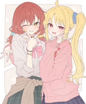 2girls ahoge blonde_hair blue_scrunchie bocchi_the_rock! border bow bowtie bracelet breasts brown_cardigan cardigan commentary cowboy_shot diagonal-striped_bow diagonal-striped_bowtie diagonal-striped_clothes double_w dress_shirt e20 ear_piercing grey_shirt gyaru gyaru_w hair_ornament hair_scrunchie hand_on_another&#039;s_waist highres ijichi_nijika jewelry kita_ikuyo long_hair low_twintails multiple_girls nail_polish outside_border piercing pink_bow pink_bowtie pink_cardigan pink_nails red_bow red_bowtie red_eyes ring school_uniform scrunchie shirt side_ponytail striped_bow striped_bowtie striped_clothes teeth three-quarter_sleeves twintails upper_teeth_only w w_over_mouth white_border yellow_nails yellow_scrunchie