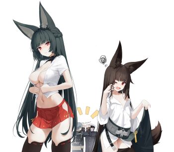 2boys 2girls animal_ears azur_lane belt black_belt black_hair black_skirt black_thighhighs braid breasts brown_hair collarbone commander_(azur_lane) commentary_request contrapposto cosplay costume_switch crossover dalian_(1457091741) flat_chest fox_ears fox_girl fox_tail half_up_braid highres hoshimi_miyabi large_breasts long_hair multiple_boys multiple_girls nagato_(azur_lane) navel off_shoulder one_eye_closed oversized_clothes pleated_skirt red_eyes red_skirt revision shirt simple_background skirt spoken_squiggle squiggle stomach straight_hair tail thigh_gap thighhighs trait_connection undersized_clothes very_long_hair white_background white_shirt wise_(zenless_zone_zero) zenless_zone_zero