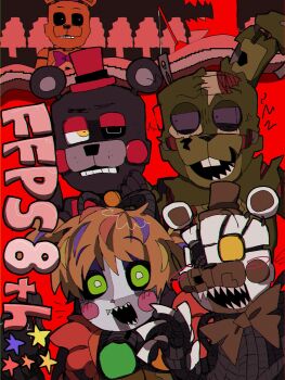 animal_ears animatronic anniversary bear_ears blush_stickers commentary commentary_request english_commentary fishing_rod five_nights_at_freddy&#039;s fredbear_(fnaf) freddy_fazbear&#039;s_pizzeria_simulator green_eyes hat highres humanoid_robot lefty_(fnaf) mixed-language_commentary molten_freddy multicolored_hair old_man_consequences raise_wa_ka red_hair red_hat robot scrap_baby scraptrap sharp_teeth star_(symbol) streaked_hair teeth top_hat twintails yellow_eyes
