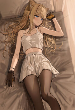 Rule 34 | 1girl, absurdres, alternate costume, arknights, arknights: endfield, bare shoulders, black gloves, black pantyhose, blue eyes, blunt bangs, bright pupils, closed mouth, commentary, gloves, hand up, hidulume, highres, indoors, long hair, looking to the side, lying, midriff, multicolored gloves, on back, on bed, pantyhose, perlica (arknights), skirt, sleeveless, solo, two-sided gloves, two-tone gloves, white pupils, yellow gloves