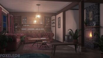 3d artist_name blender_(medium) book cabinet ceiling chair cloud commentary couch crt cup_rack curtains cutting_board english_commentary fire fireplace fireplace_tool_stand floor flower_pot foxeleos hanging_light hanging_rack highres indoors jar ladle lantern living_room log lounge_chair night no_humans original painting_(object) photoshop_(medium) pillar plant plate round_table rug scenery shadow shelf statue table television tile_floor tiles wall watermark window