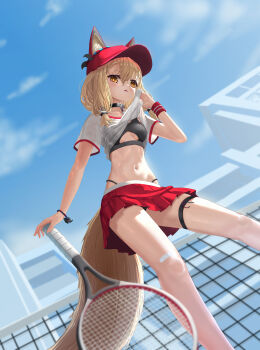 1girl absurdres animal_ears arknights arknights:_endfield black_sports_bra blonde_hair bra chagan commentary_request from_below hair_between_eyes highres holding holding_tennis_racket lingerie long_hair looking_at_viewer looking_down miniskirt navel open_mouth pleated_skirt racket red_skirt rossi_(arknights) see-through_clothes see-through_shirt shirt skirt solo sports_bra sportswear stomach tail tennis tennis_racket tennis_uniform underwear white_shirt wolf_ears wolf_girl wolf_tail yellow_eyes