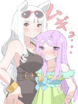 >:) 2girls animal_ears bare_shoulders black_one-piece_swimsuit blush breasts closed_mouth collarbone commentary_request dress ears_down eyewear_on_head gold_ship_(run_revolt_launcher)_(umamusume) gold_ship_(umamusume) green_dress hand_on_own_hip highres horse_ears large_breasts long_hair mejiro_mcqueen_(ripple_fairlady)_(umamusume) mejiro_mcqueen_(umamusume) multiple_girls norippe_(user_zgsf8872) off-shoulder_dress off_shoulder one-piece_swimsuit pink-framed_eyewear purple_eyes purple_hair red_eyes simple_background smile sunglasses swept_bangs swimsuit translation_request umamusume v-shaped_eyebrows very_long_hair white_background white_hair