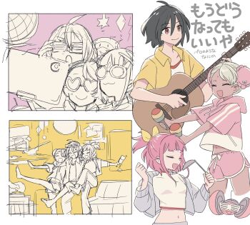 Rule 34 | 1boy, 2girls, bellri zenam, black hair, blue eyes, braid, breasts, closed eyes, closed mouth, commentary request, dancing, dark-skinned female, dark skin, double bun, guitar, gundam, gundam g no reconguista, hair between eyes, hair bun, heart, heart-shaped eyewear, highres, holding, holding guitar, holding instrument, instrument, jacket, long hair, looking at viewer, multiple girls, music, nobell, noredo nug, open mouth, pink hair, raraiya monday, red eyes, robot, sbr ghn, selfie, shirt, short hair, short sleeves, singing, smile, sunglasses, translation request, twin braids, white hair
