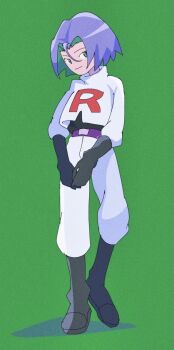 Rule 34 | 1boy, bad id, bad twitter id, belt, black boots, black gloves, boots, film grain, full body, gloves, green background, green eyes, hair between eyes, highres, jacket, james (pokemon), male focus, nintendo, no nose, own hands together, pants, pokemon, pokemon (anime), purple belt, purple hair, shadow, short hair, simple background, solo, standing, swirl9017, team rocket, team rocket uniform, white jacket, white pants