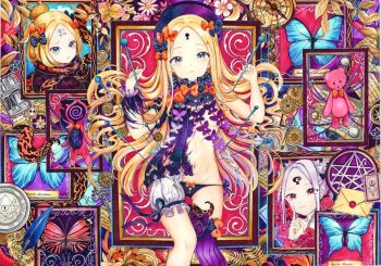 1girl abigail_williams_(fate) abigail_williams_(swimsuit_foreigner)_(fate) abigail_williams_(traveling_outfit)_(fate) bacon_williams bare_shoulders black_hat black_panties black_ribbon blonde_hair bloomers blue_eyes blush bow breasts bug butterfly commentary convenient_censoring english_commentary fate/grand_order fate_(series) forehead hair_bow hat highres insect keyhole long_hair long_sleeves looking_at_viewer mosaic_pattern multiple_hair_bows navel orange_ribbon panties photo_(object) picture_frame polka_dot polka_dot_ribbon portrait_(object) purple_thighhighs ribbon single_thighhigh small_breasts solo stuffed_animal stuffed_toy teddy_bear thighhighs traditional_media underwear wallpaper_(object) white_bloomers