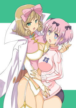 +_+ 2girls bloomers bow breast_press breasts green_eyes hair_ribbon haruka_(senran_kagura) hibari_(senran_kagura) hug jacket lab_coat medium_hair multiple_girls pink_hair ribbon senran_kagura takeuma_key track_jacket twintails underwear yuri