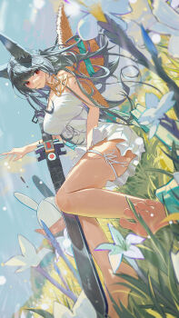! 1girl 1other alternate_costume animal_ear_fluff animal_ears bangboo_(zenless_zone_zero) bare_shoulders barefoot black_hair blue_sky blurry blurry_foreground breasts cleavage closed_mouth commentary commentary_request day dress english_commentary eous_(zenless_zone_zero) flower fox_ears fox_girl grass hat hat_on_back highres hoshimi_miyabi katana long_hair luirck medium_breasts mixed-language_commentary neck_ribbon on_grass on_ground outdoors red_eyes ribbon sideways sky sleeveless sleeveless_dress straw_hat sword v-shaped_eyebrows weapon white_dress white_flower zenless_zone_zero