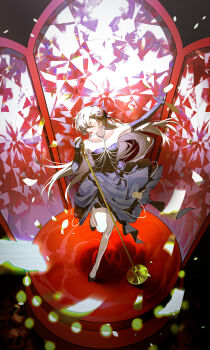 1girl absurdres bare_shoulders black_dress black_flower black_gloves black_shoes closed_eyes commentary confetti curtained_hair dress dress_flower elbow_gloves flat_chest flower full_body gloves grey_hair hair_over_one_eye high_heels highres holding holding_microphone_stand isekaijoucho jewelry kamitsubaki_studio long_hair microphone microphone_stand music necklace one_eye_covered open_mouth outstretched_arm shoes singing smile solo stage standing standing_on_one_leg strapless strapless_dress very_long_hair vintage_microphone virtual_youtuber walluka