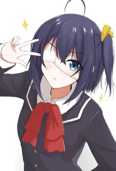 Rule 34 | 1girl, absurdres, ahoge, blazer, blue hair, bow, bowtie, chuunibyou, chuunibyou demo koi ga shitai!, eyepatch, green eyes, highres, icho private high school uniform, jacket, medical eyepatch, one side up, red bow, red bowtie, ribbon, school uniform, simple background, solo, sparkle, takanashi rikka, upper body, white background, yellow ribbon, yume img