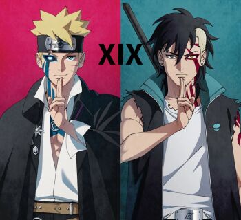 2boys belt black_cloak black_eyes black_hair black_headband blonde_hair blue_eyes boruto:_two_blue_vortex brown_belt cloak commentary dnt_agun earrings eyebrow_cut eyebrow_piercing face_piercing facial_mark forehead_protector frown headband heterochromia highres jewelry kawaki_(boruto) kokugan konohagakure_symbol male_focus mismatched_sclera multicolored_hair multiple_boys naruto_(series) pectoral_cleavage pectorals piercing pin serious shirt smile split_screen staff stud_earrings torn_clothes torn_coat two-tone_hair undercut uzumaki_boruto whisker_markings white_shirt yellow_eyes