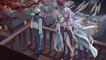 1boy 1girl absurdres architecture autumn_leaves azur_lane black_hair blue_pants commander_(azur_lane) commentary_request cup drinking_glass east_asian_architecture ffa_(67769759) full_body hair_over_one_eye hat highres holding holding_cup japanese_clothes kimono leaf long_sleeves military_vehicle multicolored_hair outdoors pants purple_eyes purple_hair sailor_collar sailor_hat sailor_shirt ship shirt short_hair standing streaked_hair unzen_(azur_lane) warship water watercraft white_hair white_kimono