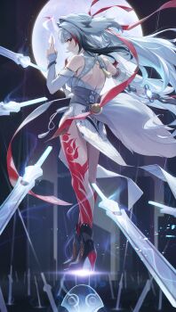 1girl absurdres black_hair bow breasts china_dress chinese_clothes commentary detached_sleeves dress gradient_hair hair_ribbon highres holding holding_sword holding_weapon large_breasts leg_tattoo long_hair looking_at_viewer looking_back multicolored_hair red_bow red_eyes red_ribbon ribbon solo sword tattoo um_111 weapon white_dress white_hair ye_shunguang zenless_zone_zero