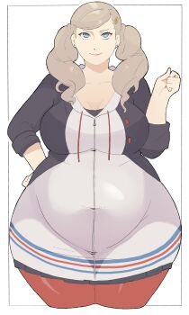1girl absurdres blonde_hair blue_eyes breasts cleavage curvy ear_piercing female_focus hand_on_own_hip highres large_breasts long_hair looking_at_viewer napolitane persona persona_5 piercing plump solo takamaki_anne thick_thighs thighs twintails wide_hips