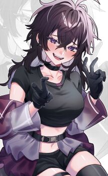 Rule 34 | 1girl, ahoge, aka saki1, belt, black belt, black choker, black gloves, black hair, black shirt, black shorts, black thighhighs, blush, choker, commentary request, crop top, double v, furrowed brow, genderswap, genderswap (mtf), gloves, hair between eyes, highres, jacket, long hair, navel, nijisanji, open mouth, purple eyes, purple jacket, saiki ittetsu, saiki ittetsu (1st costume), shirt, shorts, smile, solo, teeth, thighhighs, upper teeth only, v, virtual youtuber