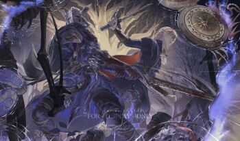 1boy 1girl arm_up armor ascot bare_tree belt black_boots black_capelet black_pants blindfold_mask blonde_hair blood blood_on_clothes bloody_weapon blue_jacket blue_tunic boots braid brother_and_sister brown_gloves capelet covered_eyes dagger duchess_(elden_ring) elden_ring elden_ring_nightreign english_text eye_mask gloves greatsword helmet highres holding holding_dagger holding_knife holding_sword holding_weapon jacket knife kwiaty_k mask pants scale_armor shoulder_armor siblings skeleton sword tree tunic weapon white_ascot white_gloves white_pants winged_helmet wylder_(elden_ring)