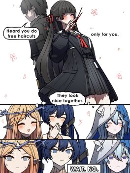 black_hair black_jacket black_serafuku black_shirt black_skirt blonde_hair blue_eyes blue_hair blue_veil blush cartethyia_(wuthering_waves) chisa_(wuthering_waves) commentary crown_of_thorns dorahdew english_commentary english_text hair_between_eyes hair_ribbon hand_up highres holding holding_scissors iuno_(wuthering_waves) jacket jealous long_hair male_rover_(wuthering_waves) pointy_ears purple_eyes red_eyes red_ribbon ribbon rover_(wuthering_waves) school_uniform scissors serafuku shirt shorekeeper_(wuthering_waves) sidelocks skirt sweatdrop two-tone_veil veil very_long_hair white_veil wuthering_waves