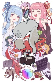 >_< 6+girls angry animate_object antenna_hair baby_animal bird black_dress blonde_hair blue_hair blue_ribbon blunt_bangs blush brown_hair burger cellphone chibi chick closed_eyes commentary_request computer crab cube detached_sleeves dress falling food fried_egg futon green_hair hair_ribbon highres japanese_clothes kimono kotonoha_akane kotonoha_aoi laptop long_hair looking_at_viewer low-tied_sidelocks multiple_girls noodles notebook o_o open_mouth pen phone pink_hair praying_mantis projected_inset puff_of_air purple_hair ramen red_eyes red_ribbon ribbon seal_(animal) short_hair short_kimono sidelocks sleeveless sleeveless_dress smartphone smile space_shuttle spacecraft spilling tanuki touhoku_kiritan touhoku_zunko tsurumaki_maki twintails vocaloid voiceroid white_background white_dress white_kimono yamarisu_(ymrs) yuzuki_yukari