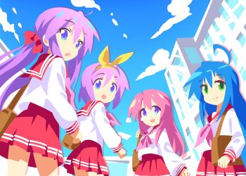 4girls ahoge bag blue_eyes blue_hair blue_sky bow bow_hairband building closed_mouth cloud commentary cowboy_shot day english_commentary glasses hair_bow hairband highres hiiragi_kagami hiiragi_tsukasa izumi_konata long_hair looking_at_viewer lucky_star majormilk multiple_girls neckerchief open_mouth outdoors pink_hair pink_neckerchief pleated_skirt purple_eyes purple_hair red_bow red_sailor_collar red_skirt ryouou_school_uniform sailor_collar school_bag school_uniform shirt short_hair siblings sisters skirt sky smile standing takara_miyuki very_long_hair white_shirt yellow_bow yellow_hairband
