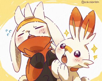 animal_ears artist_name blush closed_eyes gen_8_pokemon nintendo no_humans open_mouth orange_fur pokemon pokemon_(creature) rabbit_ears raboot roku_(rokkrn) scorbunny sparkle teeth two-tone_fur upper_body upper_teeth_only
