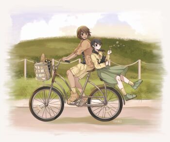 1boy 1girl alternate_costume alternate_eye_color animal antenna_hair aoihiraki baguette bicycle bicycle_basket black_eyes black_hair black_shirt blowing_bubbles blush bread brown_eyes brown_hair bubble_wand cat closed_mouth commentary english_commentary food genderswap genderswap_(mtf) grass green_shoes holding holding_animal holding_cat hood hooded_jacket jacket kel_(faraway)_(omori) kel_(omori) long_skirt looking_at_another low_twintails medium_hair omori open_clothes open_jacket open_mouth orange_jacket orange_shoes outdoors pleated_skirt riding riding_bicycle shirt shoes short_hair short_twintails shorts skirt smile sneakers socks striped_clothes striped_shirt sunny_(omori) sweater twintails yellow_shorts yellow_socks yellow_sweater