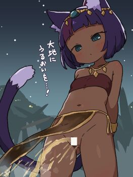 1girl @_@ absurdres animal_ears arms_behind_back bar_censor blue_eyes blush bracelet cat_ears cat_girl cat_tail censored collarbone dark_skin egyptian flat_chest headpiece highres irohiza jewelry loli looking_down necktie night no_panties original peeing pelvic_curtain purple_hair pussy red_shirt shirt short_hair sky standing star_(sky) starry_sky steam strapless tail tube_top wind wind_lift