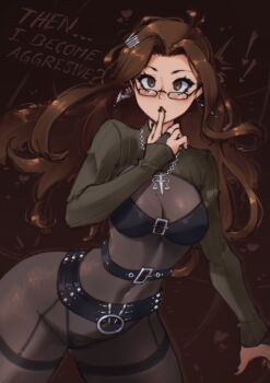 Rule 34 | !, !!, 1girl, absurdres, belt, belt buckle, black lips, bra over clothes, breasts, brown background, brown eyes, brown hair, buckle, cleavage, cleavage cutout, clothing cutout, cross, cross necklace, earrings, english text, eyelashes, finger to mouth, fushimi chihiro, glasses, goth fashion, hatidraw, highres, jewelry, lace, lace bodysuit, lace pantyhose, long hair, long sleeves, necklace, open-chest sweater, panties visible through clothes, pantyhose, persona, persona 3, silver earrings, silver necklace, skull print, small breasts, solo, striped clothes, striped sweater, sweater, thong, turtleneck, turtleneck sweater, underwear, vertical-striped sweater