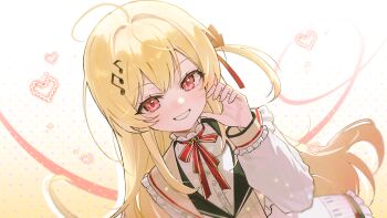 1girl ahoge blonde_hair bon_(bony_53) commentary_request double-parted_bangs dutch_angle fortissimo frilled_jacket frilled_sleeves frills hair_intakes hair_ornament hair_ribbon hand_up heart highres hololive jacket long_hair long_sleeves looking_at_viewer musical_note musical_note_hair_ornament neck_ribbon one_side_up otonose_kanade otonose_kanade_(1st_costume) polka_dot polka_dot_background red_eyes red_ribbon ribbon sailor_collar shirt smile upper_body white_shirt