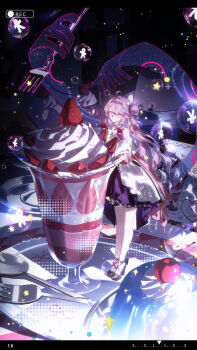 1girl absurdres ahoge black_shoes chinese_commentary colored_inner_hair commentary_request cup denia_(wuthering_waves) dessert dress food fork gloves hand_up highres long_hair looking_at_viewer multicolored_hair pink_hair recording red_gloves shoes solo white_dress wuthering_waves yi_ke_da_cui_tao_tao
