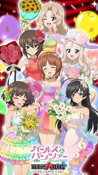 6+girls ahoge akiyama_yukari balloon bare_arms bare_legs bare_shoulders black_eyes black_hair black_ribbon black_shoes blonde_hair blue_eyes blue_flower blush bouquet bow bracelet breasts bridal_gauntlets brown_eyes brown_hair choker cleavage closed_eyes collarbone confetti copyright_name daisy_(flower) dress drill_hair floral_print flower fluffy_hair frilled_dress frills full_body girls_und_panzer girls_und_panzer_senshadou_daisakusen! gradient_background gradient_clothes gradient_dress green_bow green_eyes green_ribbon green_sash hair_between_eyes hair_bow hair_flower hair_intakes hair_ornament hairband hand_in_own_hair hand_on_own_chest hat hat_flower high-low_dress high_heels highres holding holding_bouquet huge_ahoge isuzu_hana jewelry kay_(girls_und_panzer) layered_dress legs long_dress long_hair looking_at_viewer marie_(girls_und_panzer) medium_hair messy_hair multiple_girls necklace nishizumi_maho nishizumi_miho official_art official_wallpaper one_eye_closed open_mouth orchid pink_flower pink_ribbon pink_rose purple_bow purple_flower purple_hat rainbow_dress rainbow_gradient red_bow red_flower ribbon rose sash see-through_clothes see-through_dress_layer see-through_sleeves shoes short_dress short_hair sleeveless sleeveless_dress smile standing star_(symbol) star_hair_ornament star_print sun_hat sunflower thighs wavy_hair white_flower wrist_cuffs yellow_flower yellow_ribbon