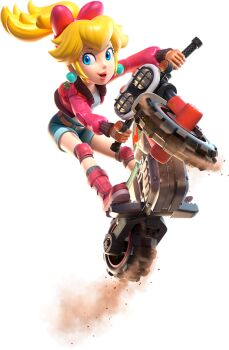 3d belt blue_eyes blue_shorts boots collarbone earrings fingerless_gloves gloves hair_between_eyes hair_ribbon jacket jewelry jumping knee_boots knee_pads lipstick long_hair looking_to_the_side makeup mario_(series) mario_kart mario_kart_world motor_vehicle motorcycle nintendo official_art open_clothes open_jacket pink_boots pink_jacket pink_lips ponytail princess_peach princess_peach_(touring) ribbon shirt short_shorts shorts sidelocks smile t-shirt