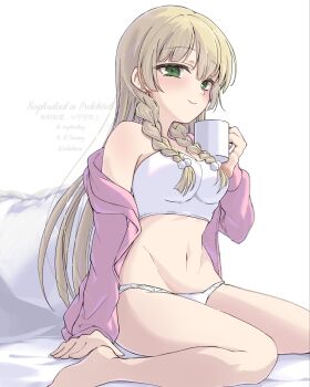 1girl barefoot blonde_hair blush breasts commentary_request commission cup drinking_glass highres holding holding_cup jacket light_smile lillie_(pokemon) looking_at_viewer navel nintendo open_clothes open_jacket panties pillow pink_jacket pokemon pokemon_sun_and_moon sakure_(sakulemon) simple_background sitting skeb_commission solo underwear wariza watermark white_background white_panties
