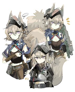 Rule 34 | 1girl, animal ears, arknights, arm wrap, armor, armpit cutout, ashlock (arknights), breasts, chest plate, cleavage, clothing cutout, grey hair, helm, helmet, highres, midriff, purple eyes, squirrel ears, squirrel tail, tail, tank top